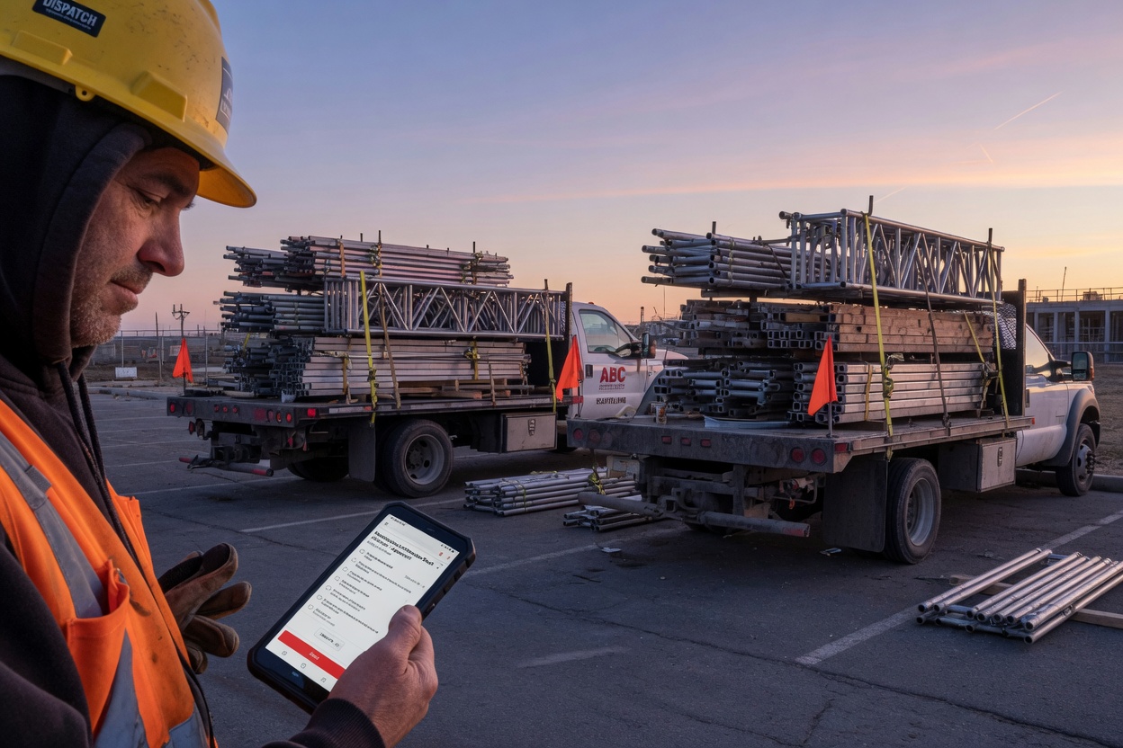 Scaffold dispatch lead reviews a mobilization confirmation draft on his phone beside loaded erection trucks