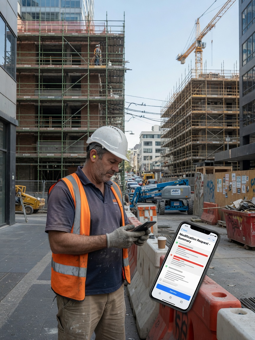 Scaffolding contractor reviews a modification request summary on his phone between two GC job sites