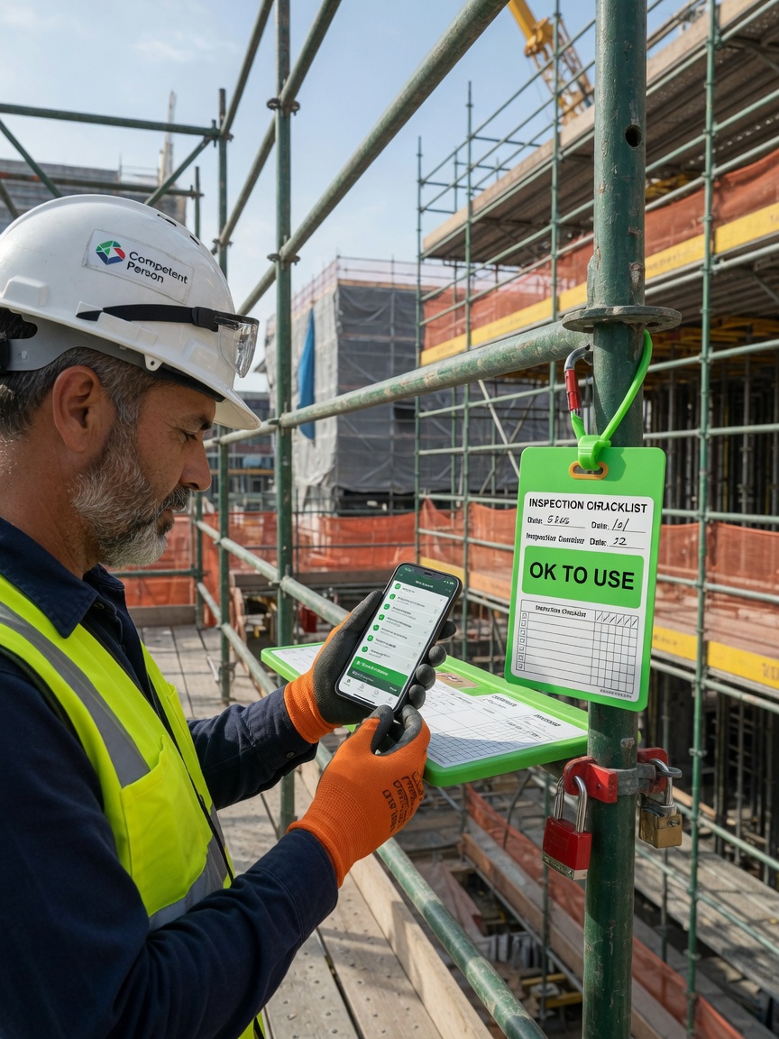 Scaffold competent person reviews a tag-out summary draft on his phone after a frame inspection