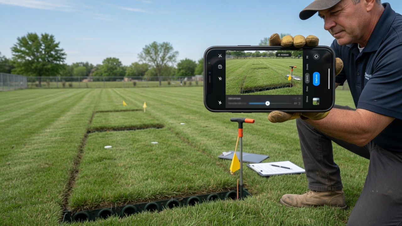 Septic contractor reviews a final inspection as-built checklist on his phone beside a backfilled drainfield