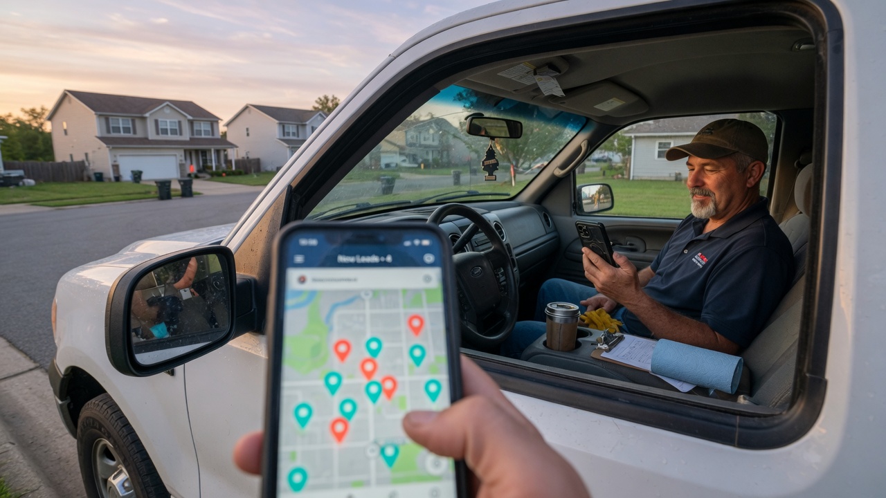 Septic installer reviews a builder referral lead summary on his phone between rural property site evals