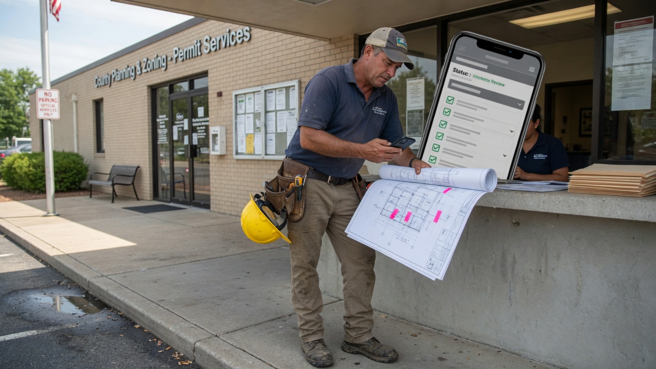 Septic installer reviews a health department permit follow-up draft on his phone before scheduling excavation