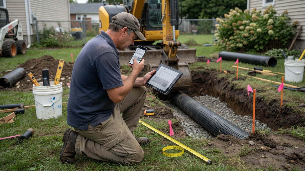 Septic contractor drafts an install proposal with tank and drainfield line items on his phone beside a perc test stake