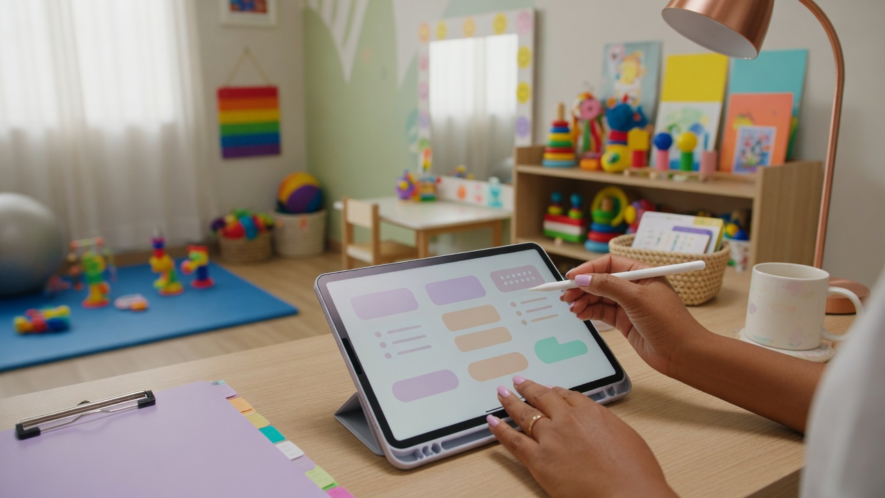 Pediatric SLP clinic manager reviews a no-show rebook campaign summary on her phone beside an open therapy room with toys and picture cards