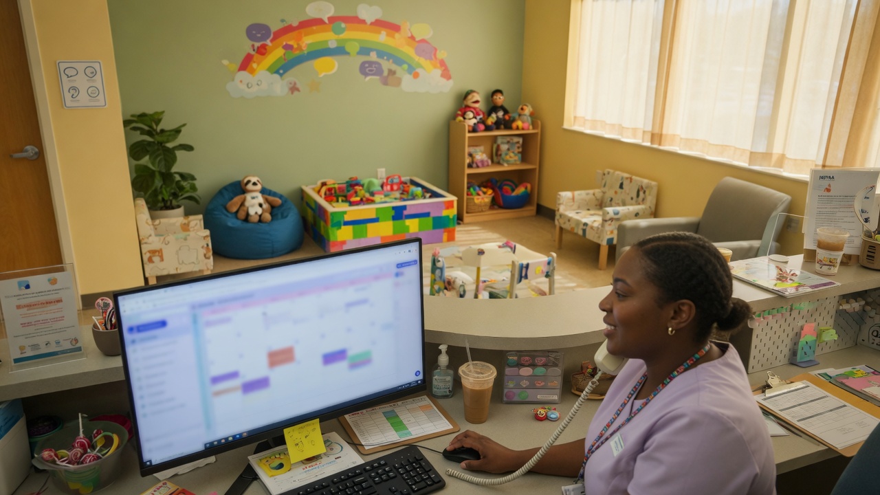 Speech-language pathologist reviews a home practice carryover reminder draft on a tablet between pediatric therapy sessions