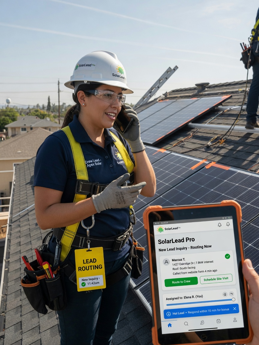 Solar installer on a residential roof reviews a routed lead summary on his phone