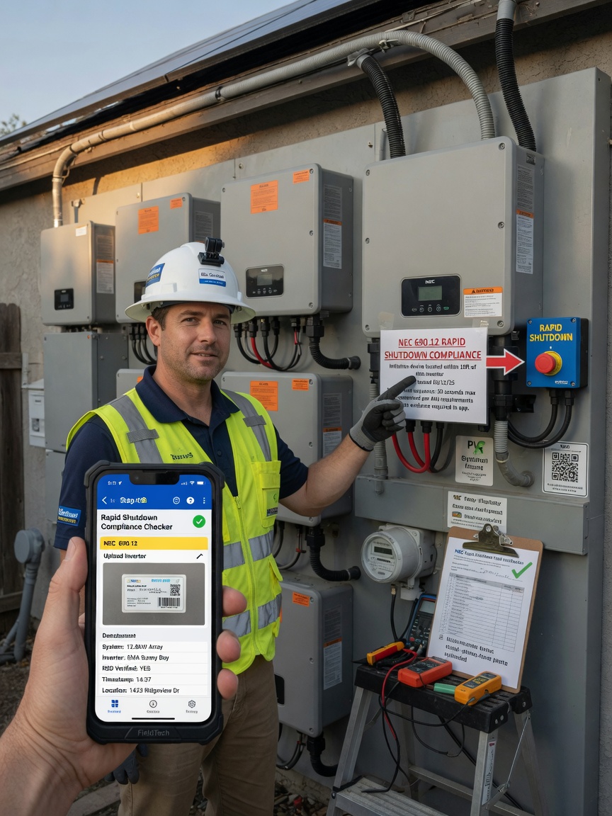 Solar electrician checks NEC rapid-shutdown guidance on his phone at a residential array