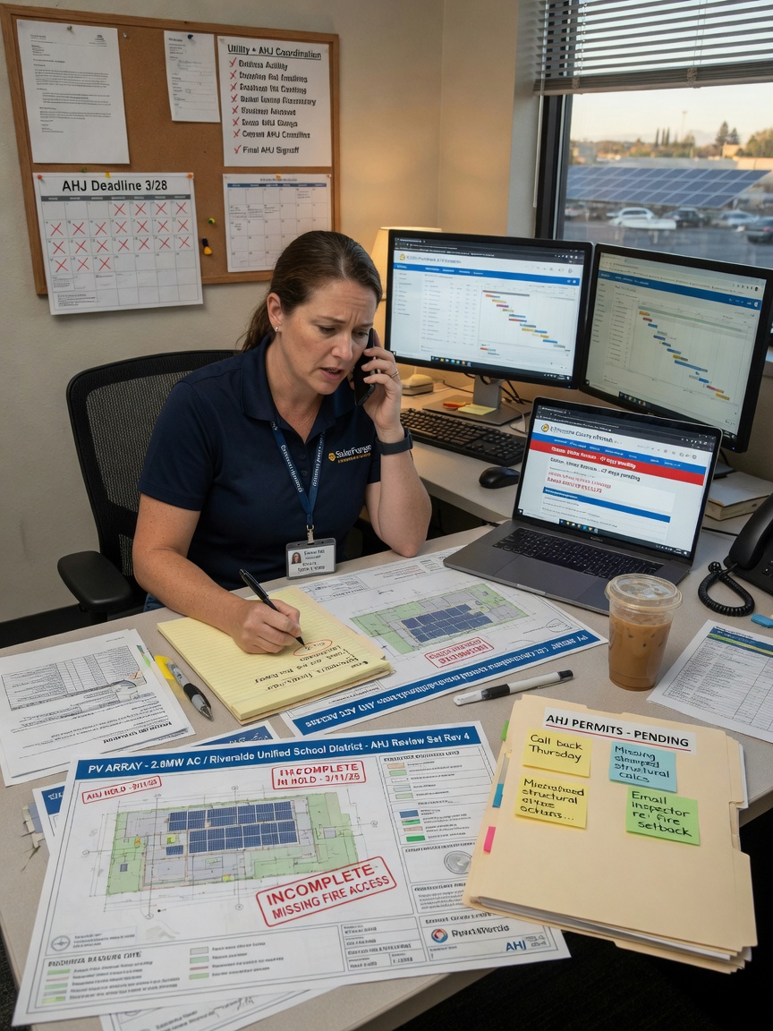 Solar project manager drafts an AHJ plan-check correction response on his phone