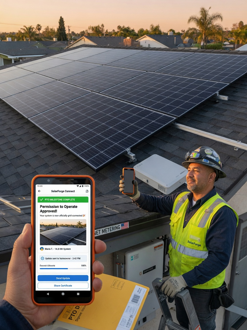 Solar installer reviews an interconnection milestone update draft on his phone beside a completed array