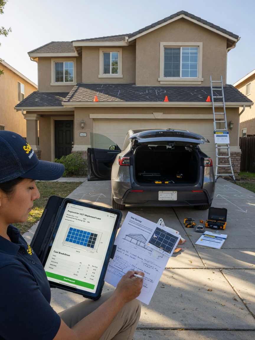 Solar installer drafts a tiered residential proposal on his phone after a roof survey