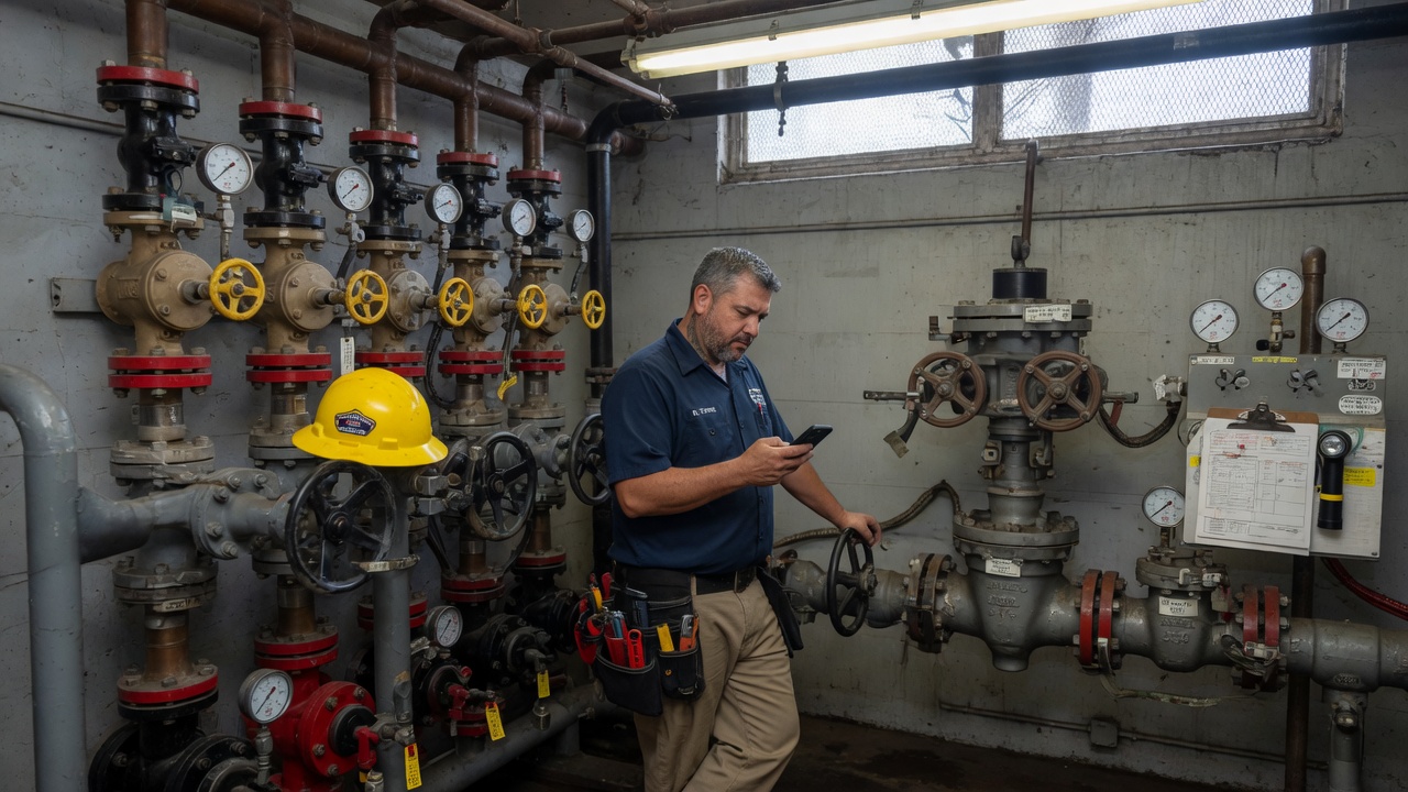 Fire sprinkler fitter in a commercial valve room reviews a routed inspection-call summary on his phone