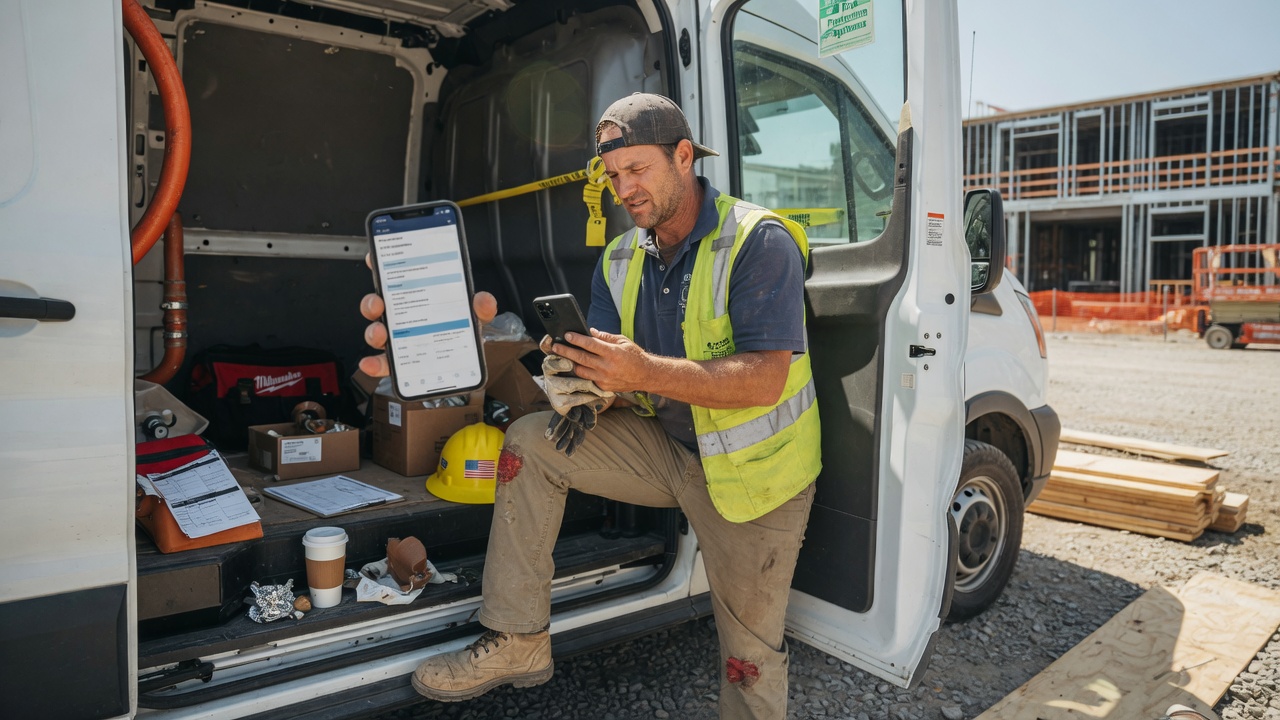 Fire sprinkler contractor reviews a commercial RFP lead summary on his phone between inspection stops