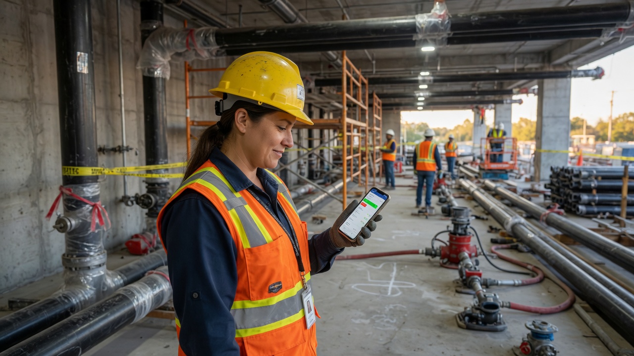 Sprinkler project manager reviews an AHJ hydrotest milestone update draft on his phone at a new-construction site