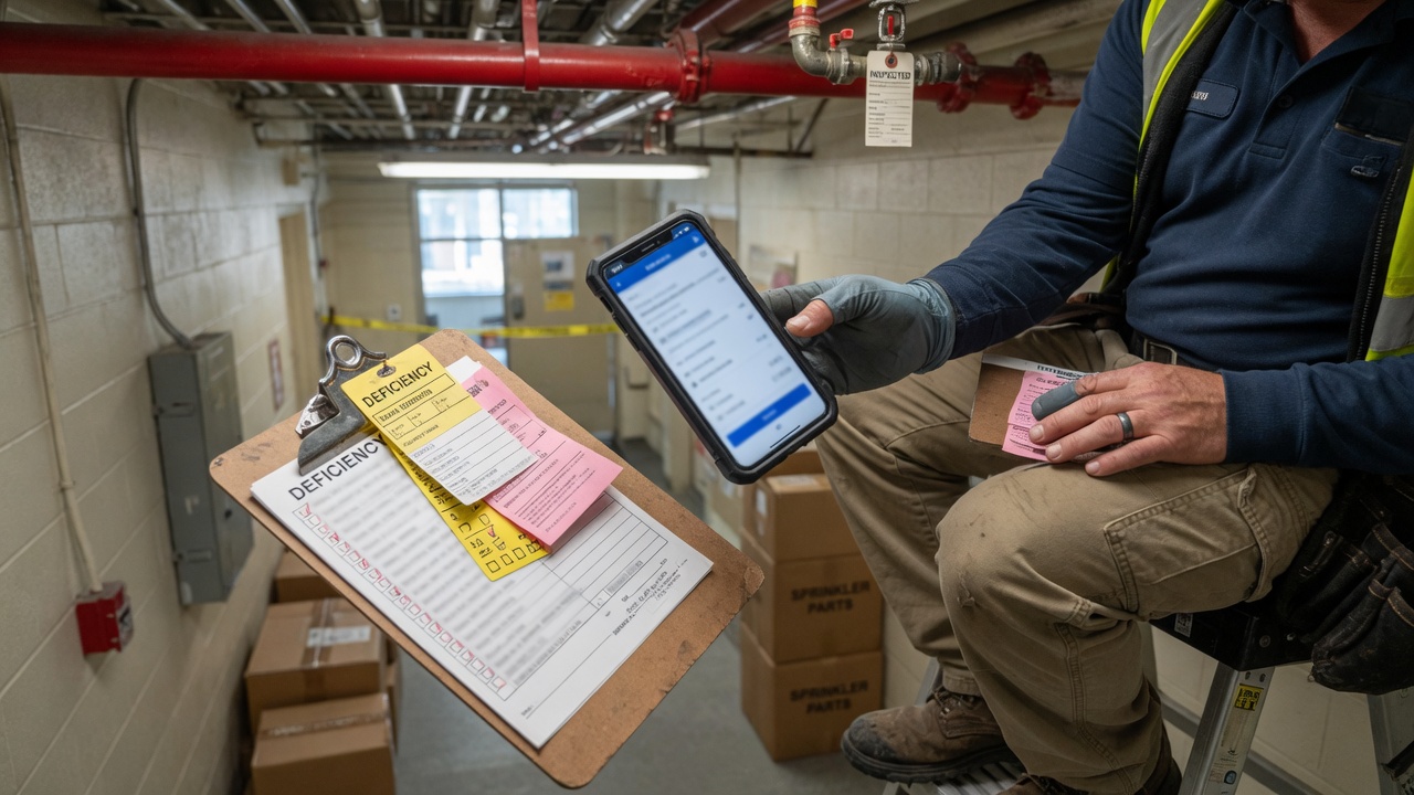 Sprinkler contractor drafts a deficiency repair quote on his phone beside an inspection tag clipboard
