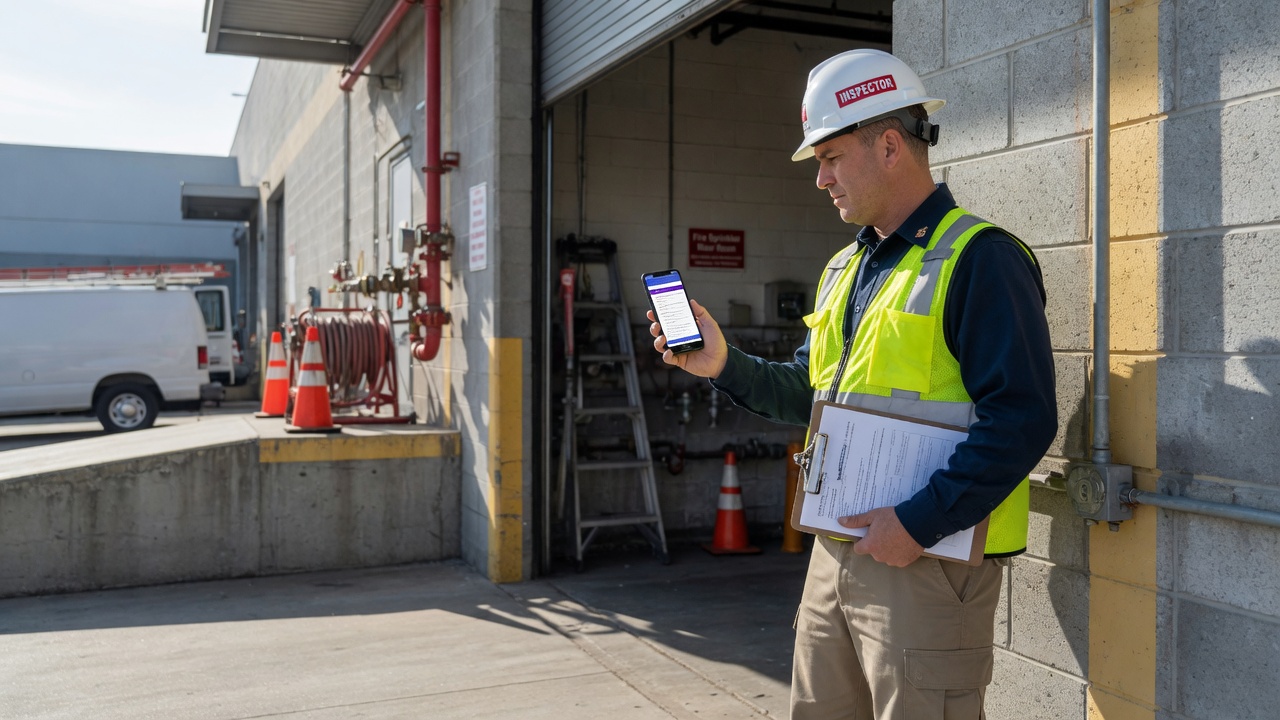 Fire sprinkler inspector reviews an NFPA 25 report follow-up draft on his phone before leaving a commercial jobsite