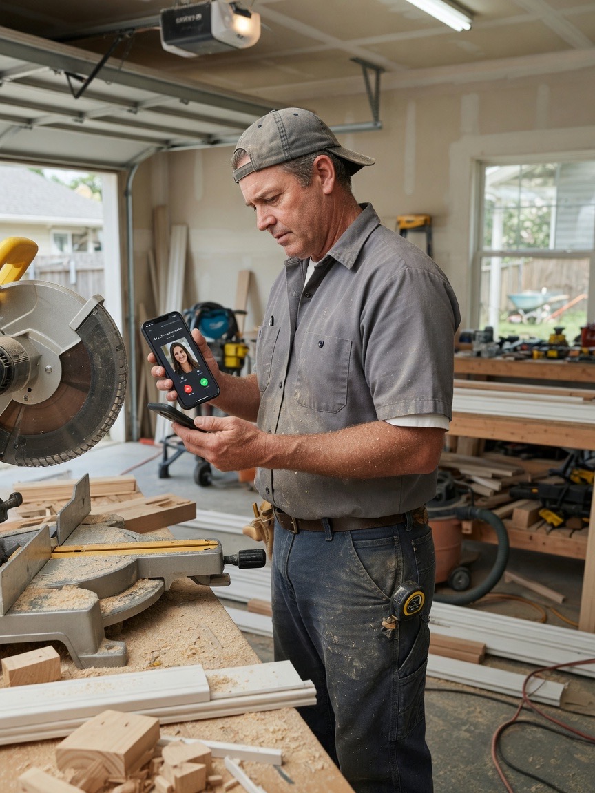 Staircase builder on a residential stringer layout reviews a routed estimate-call summary on his phone