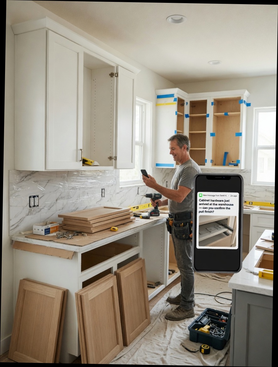 Staircase builder reviews a Houzz referral lead summary on his phone between residential stair installs