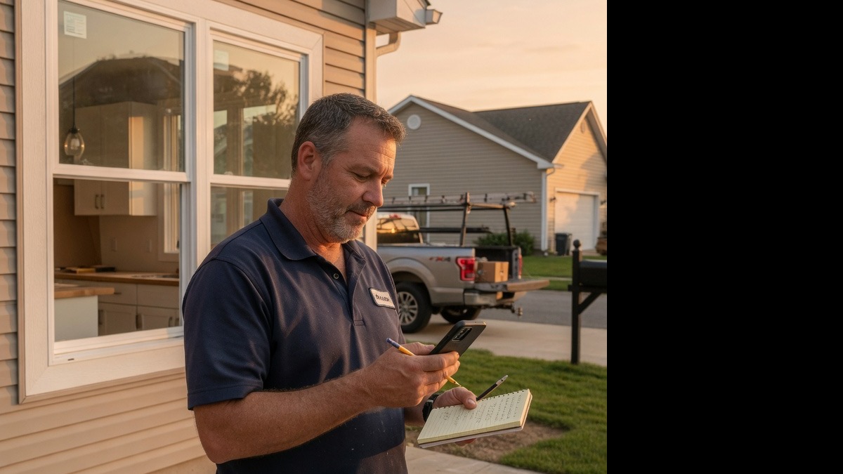 Staircase contractor drafts a proposal with rise-run and headroom line items on his phone beside cut stringers