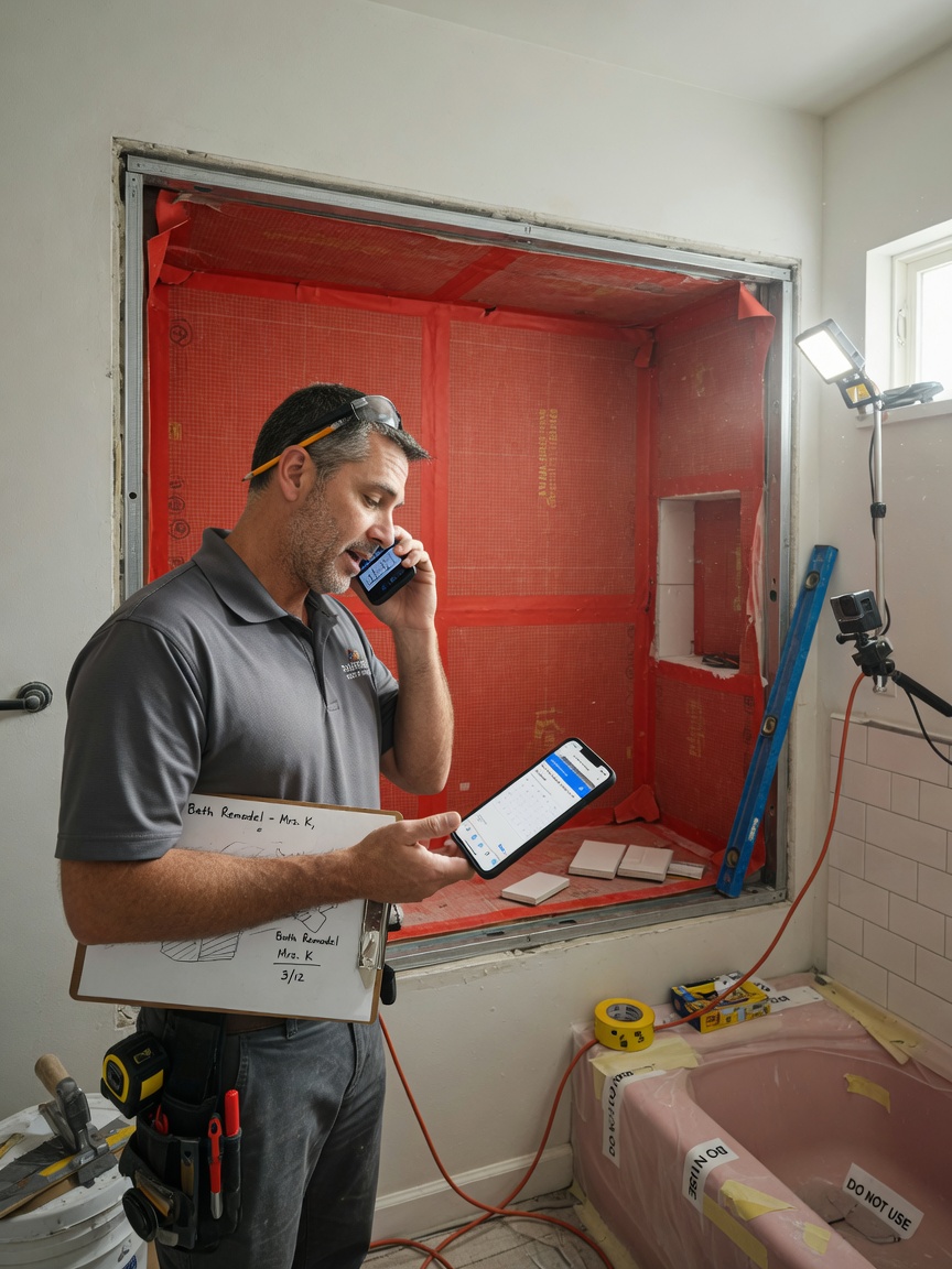 Tile contractor reviews a shower inquiry brief on his phone beside a wet-area membrane install