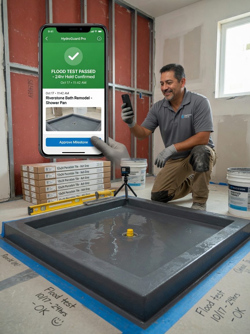 Tile setter reviews a waterproof milestone update draft on his phone during a cure hold