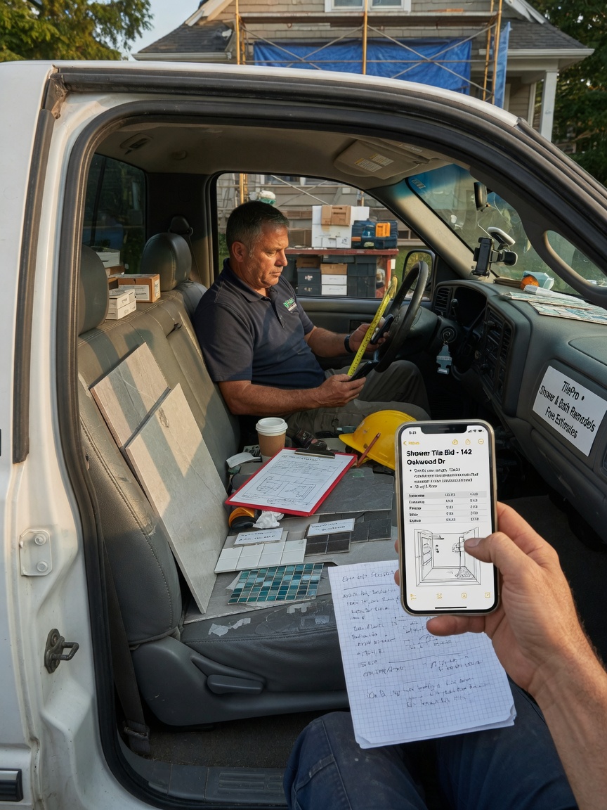 Tile contractor drafts a bath bid with prep and membrane lines on his phone after a site walkthrough