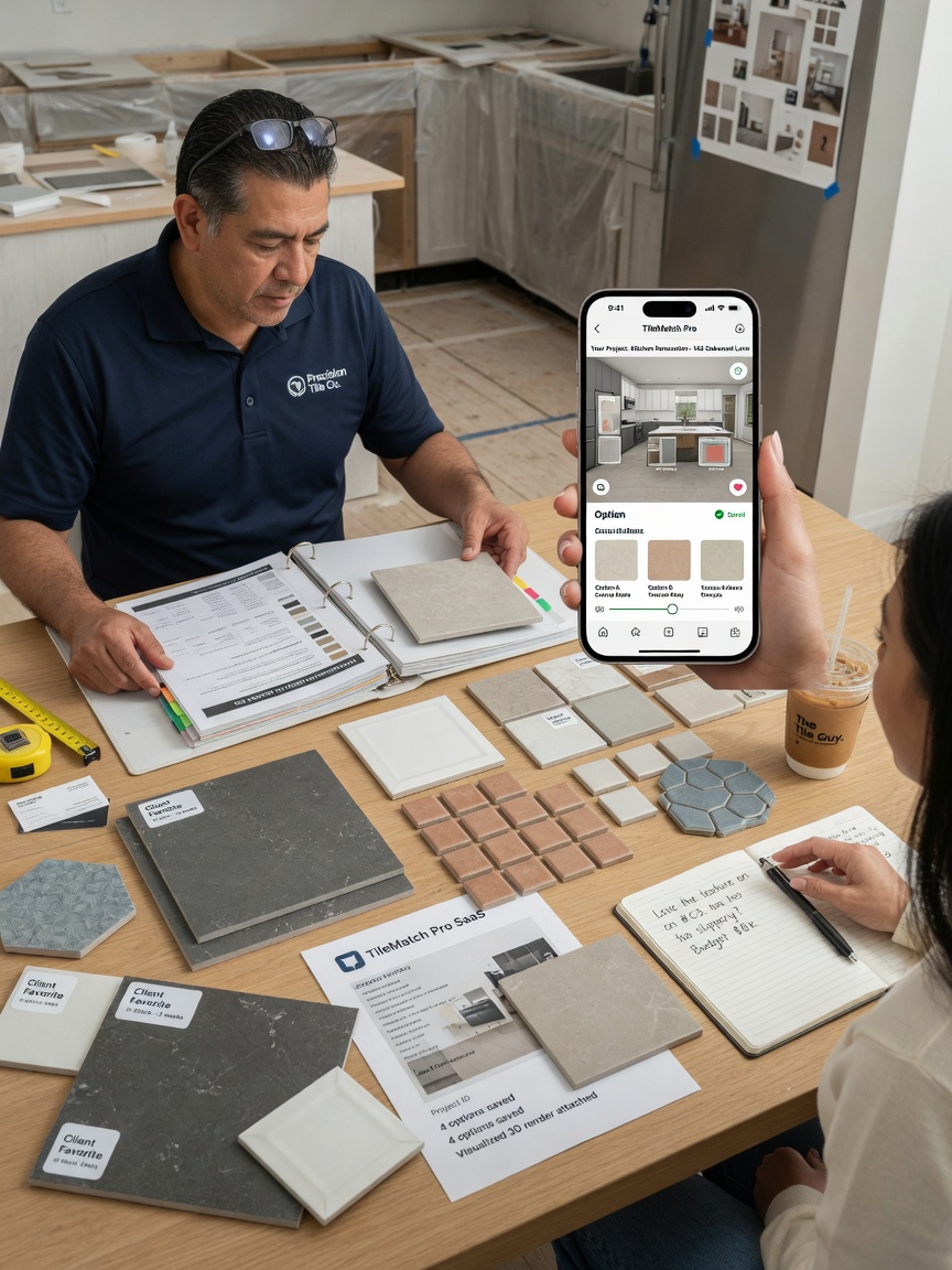 Tile contractor reviews a selections follow-up draft on his phone between grout batches