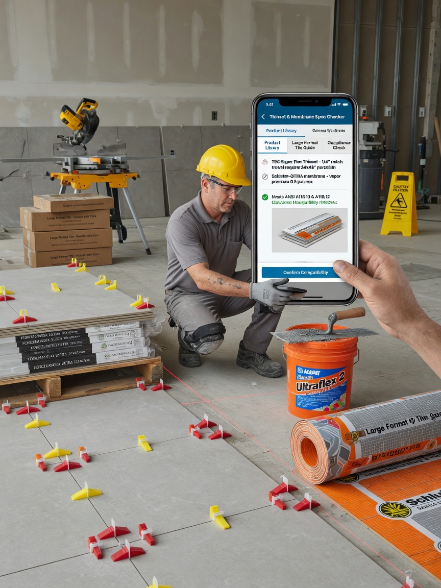 Tile installer checks TCNA deflection specs on his phone at a large-format floor layout