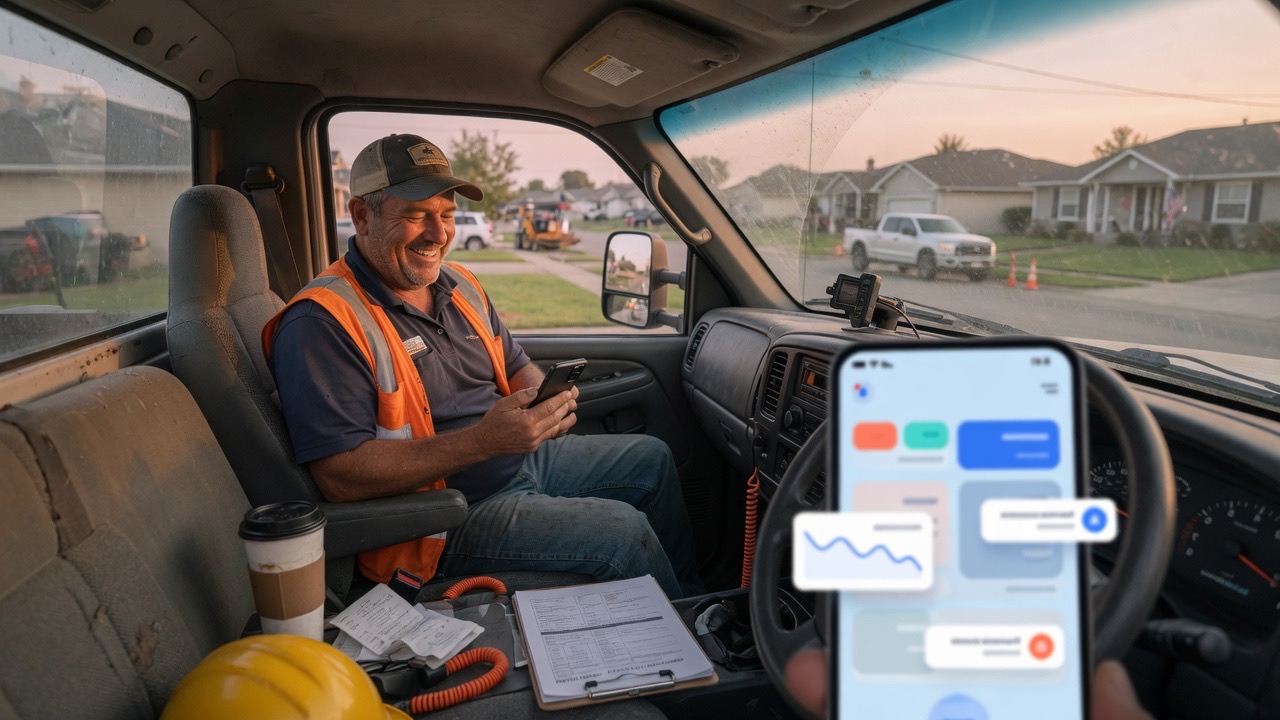Underpinning specialist in a residential pit reviews a routed estimate-call summary on his phone
