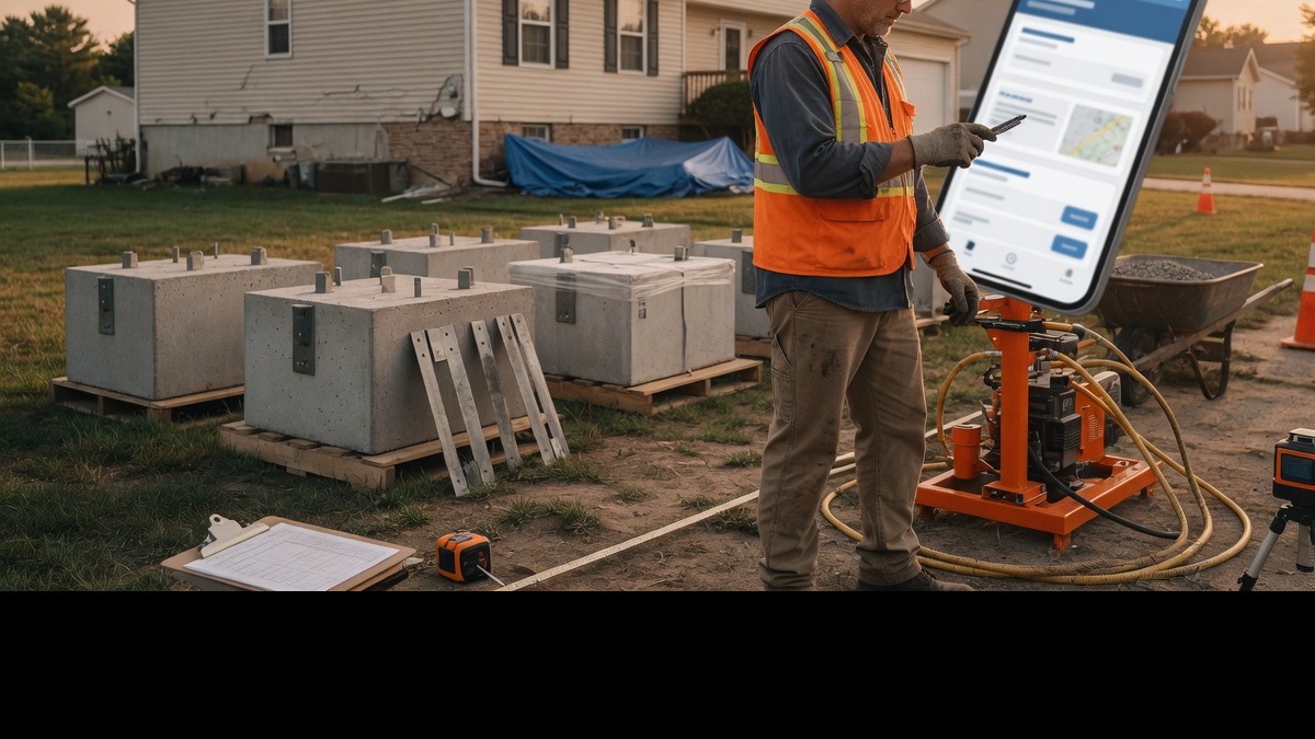 Underpinning contractor drafts a pit sequence proposal with micropile line items on his phone beside a residential excavation