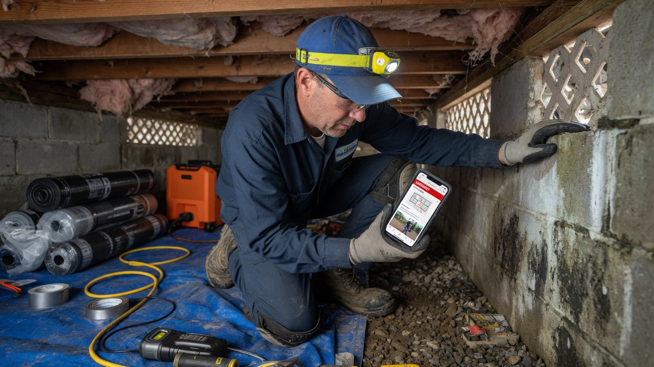 Waterproofing technician in a crawl space reviews a routed basement flood call summary on his phone