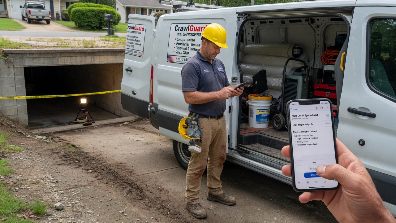 Waterproofing specialist reviews an Angi leak-emergency lead summary on his phone between crawl encapsulation jobs