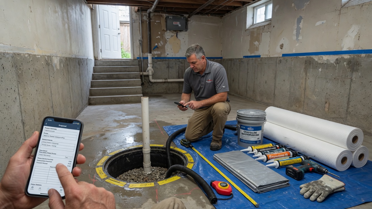 Waterproofing contractor drafts an inspection proposal with interior prep and drainage lines on his phone beside a sump pit