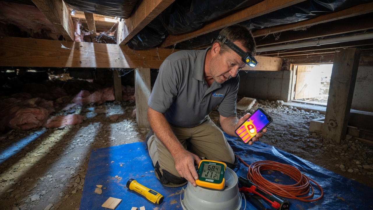 Waterproofing contractor reviews a crawl space moisture scope summary draft on his phone beside a hygrometer reading
