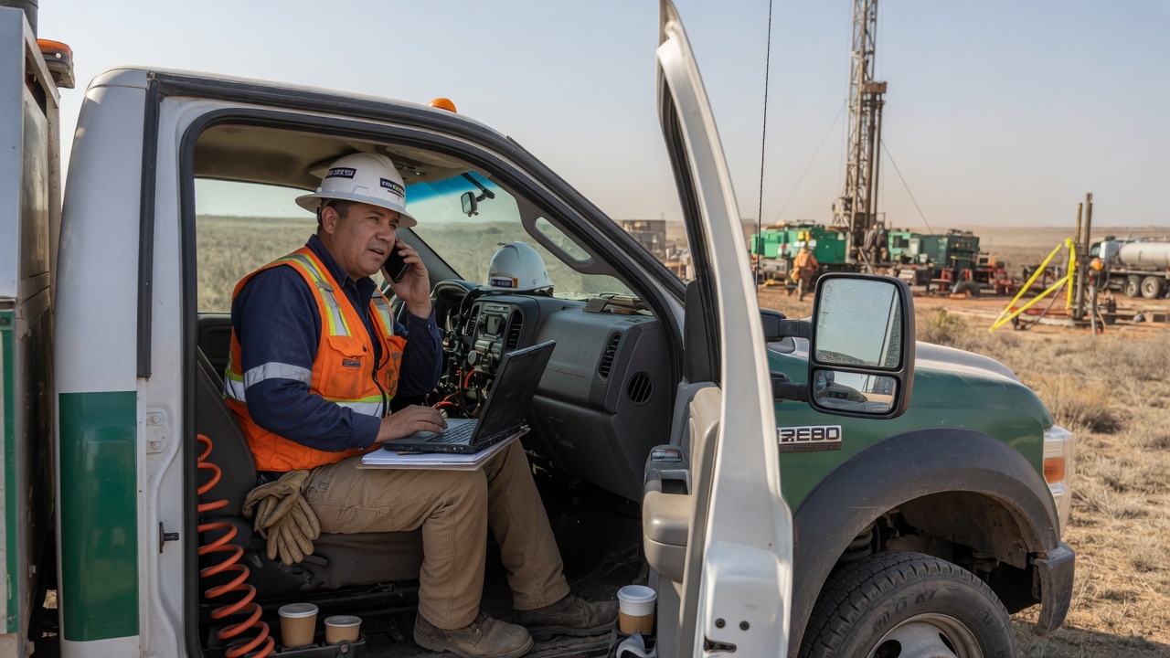 Well driller on a rural rig line reviews a routed pump callback summary on his phone
