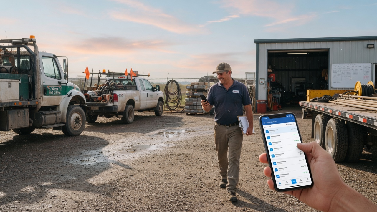 Well driller reviews a builder referral lead summary on his phone between rural spud-in jobs