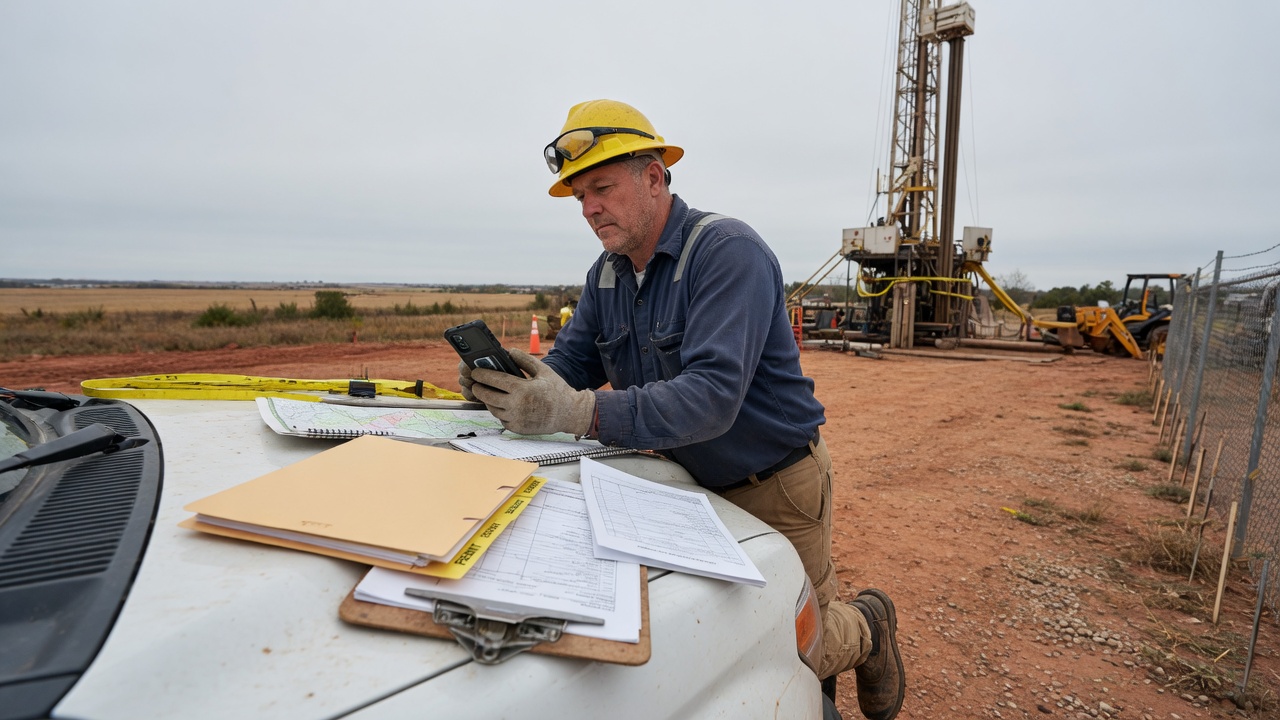 Well driller reviews a state permit follow-up draft on his phone before mobilizing a rural spud-in job