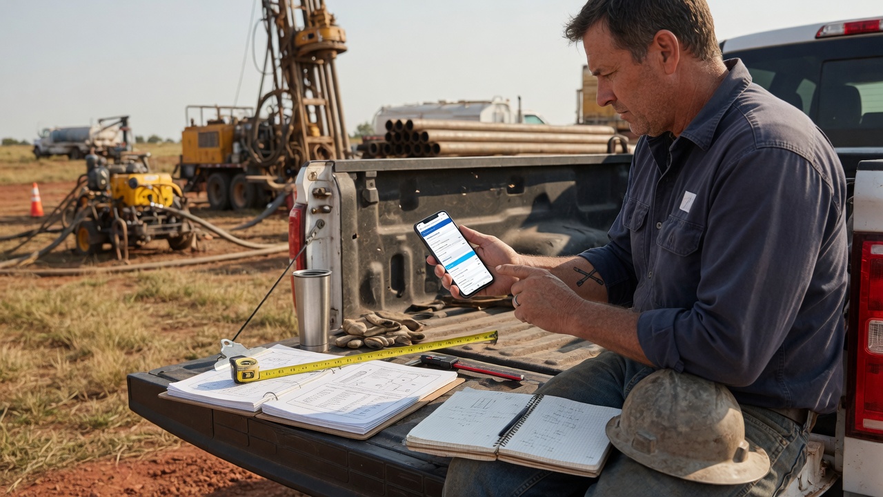 Well drilling contractor drafts a depth and casing proposal on his phone beside stacked steel casing at a rural jobsite
