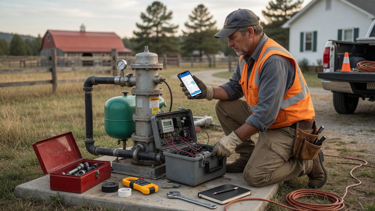 Well drilling contractor reviews a pump test yield summary draft on his phone beside a completed rural wellhead